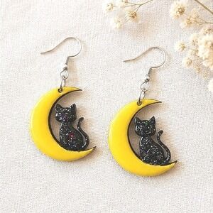 Handmade Cat Moon Resin Earrings Yellow Black Glitter Celestial Drop Halloween